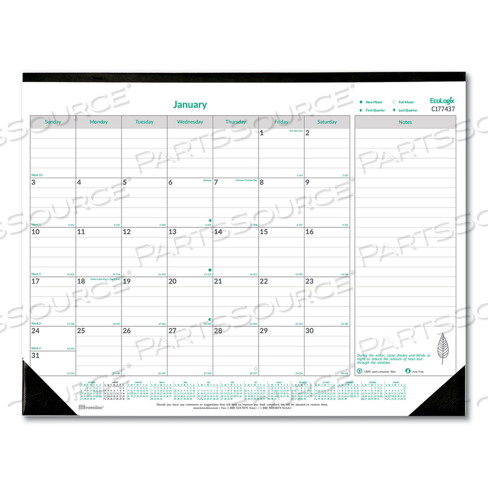 ECOLOGIX MONTHLY DESK PAD CALENDAR, 22 X 17, WHITE/GREEN SHEETS, BLACK BINDING/CORNERS, 12-MONTH (JAN TO DEC): 2023 