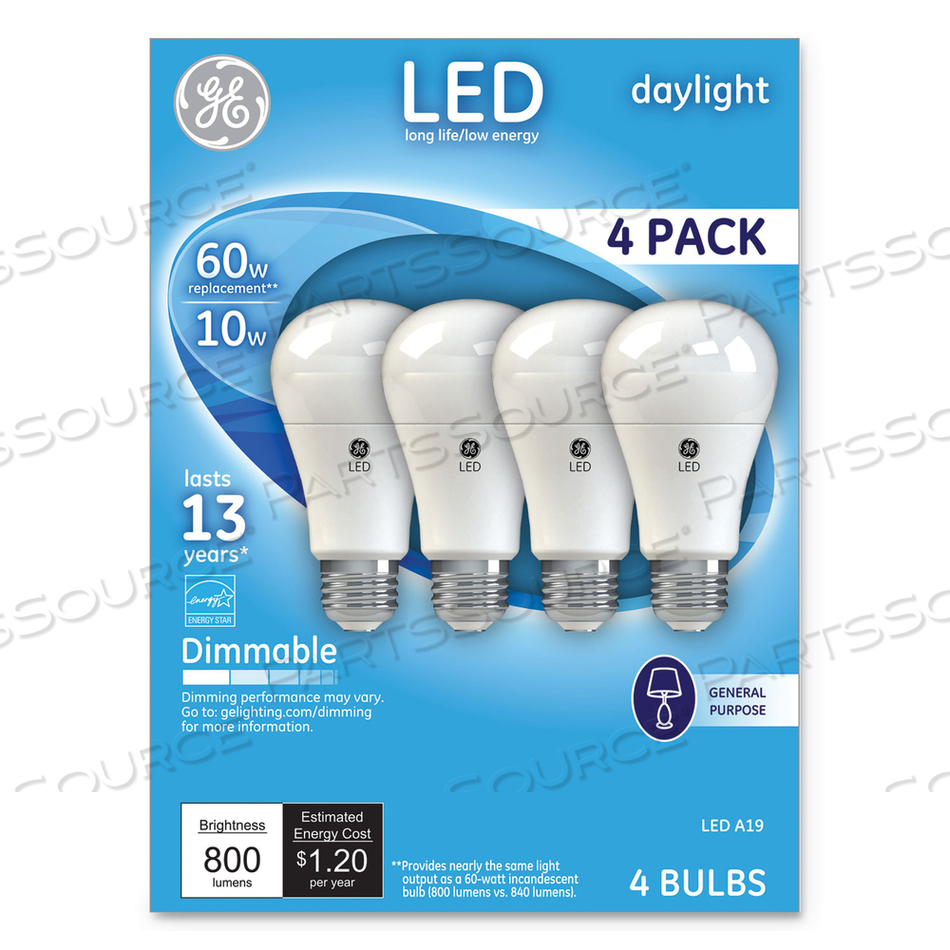 LED DAYLIGHT A19 DIMMABLE LIGHT BULB, 10 W, 4/PACK 