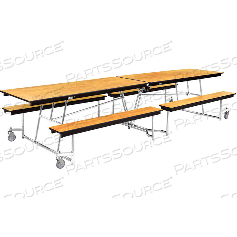 12' MOBILE CAFETERIA TABLE WITH BENCHES - MDF - OAK TOP/CHROME FRAME 