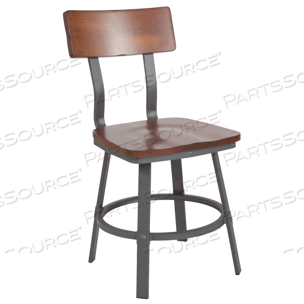 FLINT SERIES RUSTIC WALNUT RESTAURANT CHAIR WITH WOOD SEAT & BACK AND GRAY POWDER COAT FRAME by Flash Furniture FLINT SERIES RUSTIC WALNUT RESTAURANT CHAIR WITH WOOD SEAT & BACK AND GRAY POWDER COAT FRAME by Flash Furniture