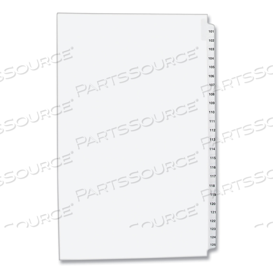 PREPRINTED LEGAL EXHIBIT SIDE TAB INDEX DIVIDERS, AVERY STYLE, 25-TAB, 101 TO 125, 14 X 8.5, WHITE, 1 SET 