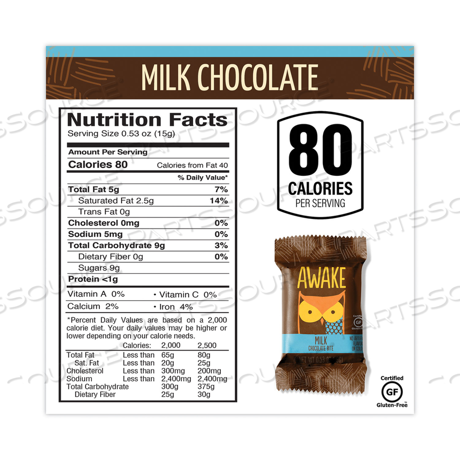 CAFFEINATED MILK CHOCOLATE BITES, 0.53 OZ BARS, 50 BARS/BOX 