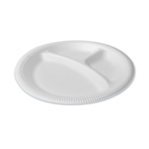 FOAM DINNERWARE, PLATE, 3-COMPARTMENT, 9" DIA, POLY BAG, WHITE, 125/SLEEVE, 4 SLEEVES/BAG, 1 BAG/PACK by Plastifar