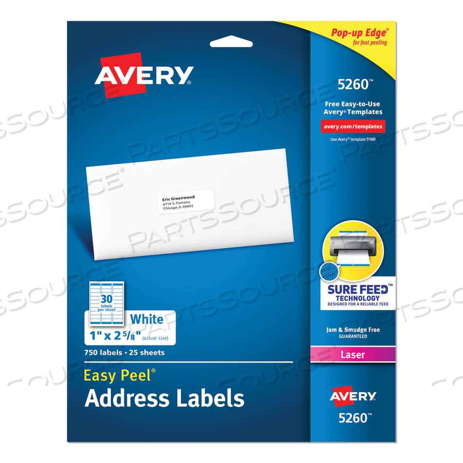 EASY PEEL WHITE ADDRESS LABELS W/ SURE FEED TECHNOLOGY, LASER PRINTERS, 1 X 2.63, WHITE, 30/SHEET by Avery EASY PEEL WHITE ADDRESS LABELS W/ SURE FEED TECHNOLOGY, LASER PRINTERS, 1 X 2.63, WHITE, 30/SHEET by Avery