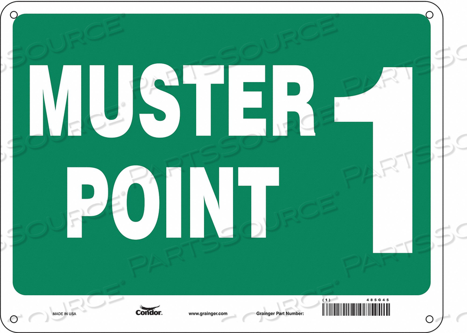 SAFETY SIGN, HORIZONTAL RECTANGLE, NUMBER OF PRINTED SIDES 1, ENGLISH, SIGN LEGEND MUSTER POINT 1, SIGN LEGEND BACKGROUND COLOR GREEN, SIGN  by Condor