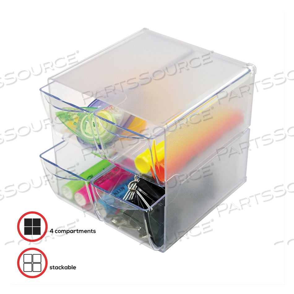 STACKABLE CUBE ORGANIZER, 4 COMPARTMENTS, 4 DRAWERS, PLASTIC, 6 X 7.2 X 6, CLEAR 