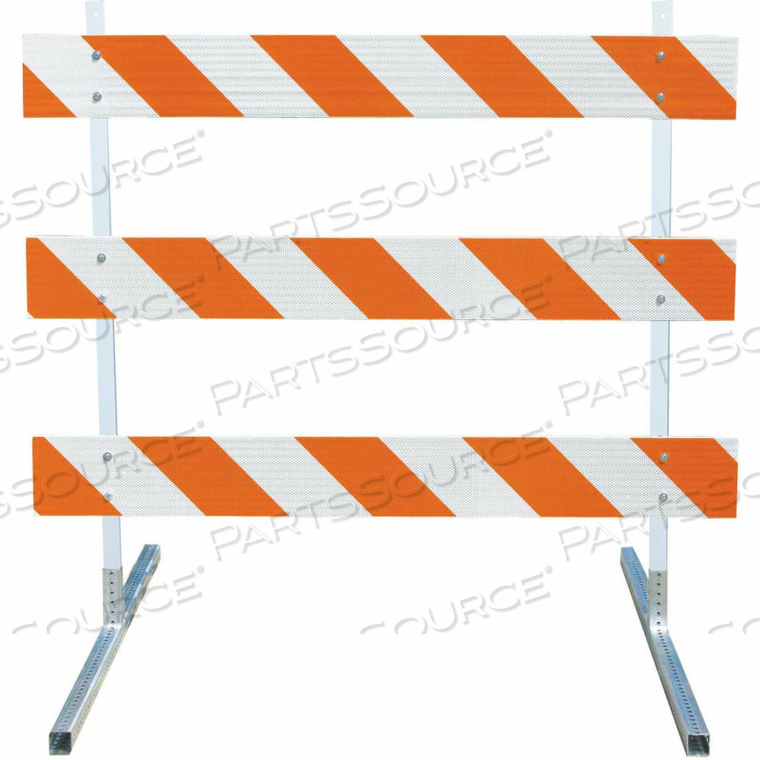 TYPE III BARRICADE W/ PLASTIC UPRIGHTS & ANGLE IRON FEET, ENGINEER STRIPED by Plasticade TYPE III BARRICADE W/ PLASTIC UPRIGHTS & ANGLE IRON FEET, ENGINEER STRIPED by Plasticade