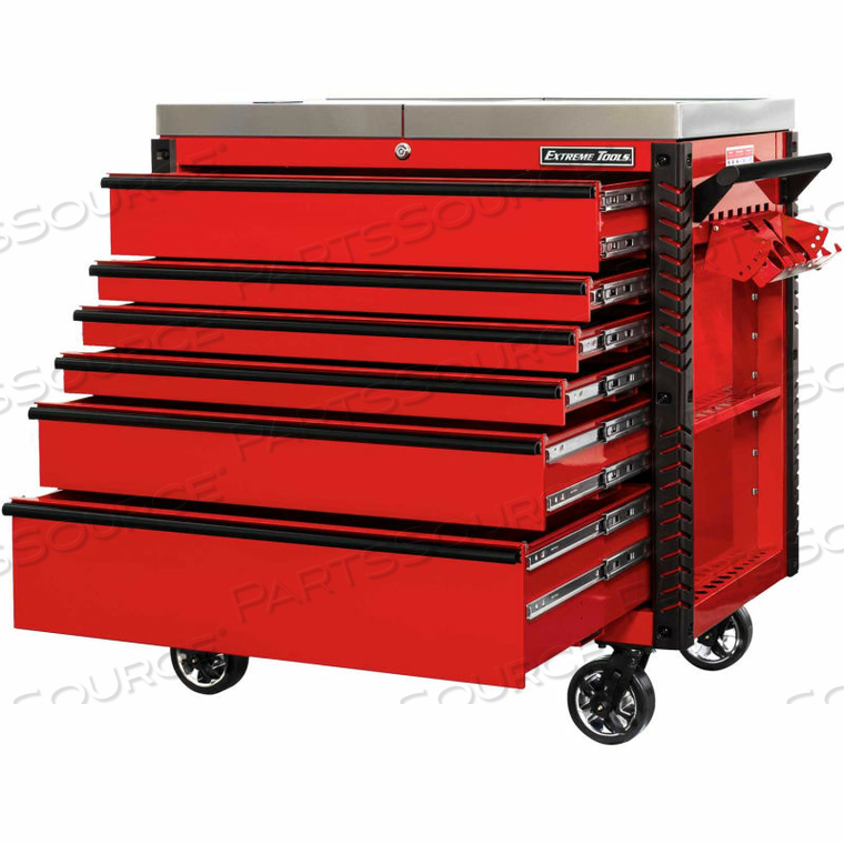 41"W X 25-3/4"D X 43-7/8"H 6 DRAWER RED FLIP TOP TOOL CART BLACK PULLS by Extreme Tools Inc. 41"W X 25-3/4"D X 43-7/8"H 6 DRAWER RED FLIP TOP TOOL CART BLACK PULLS by Extreme Tools Inc.