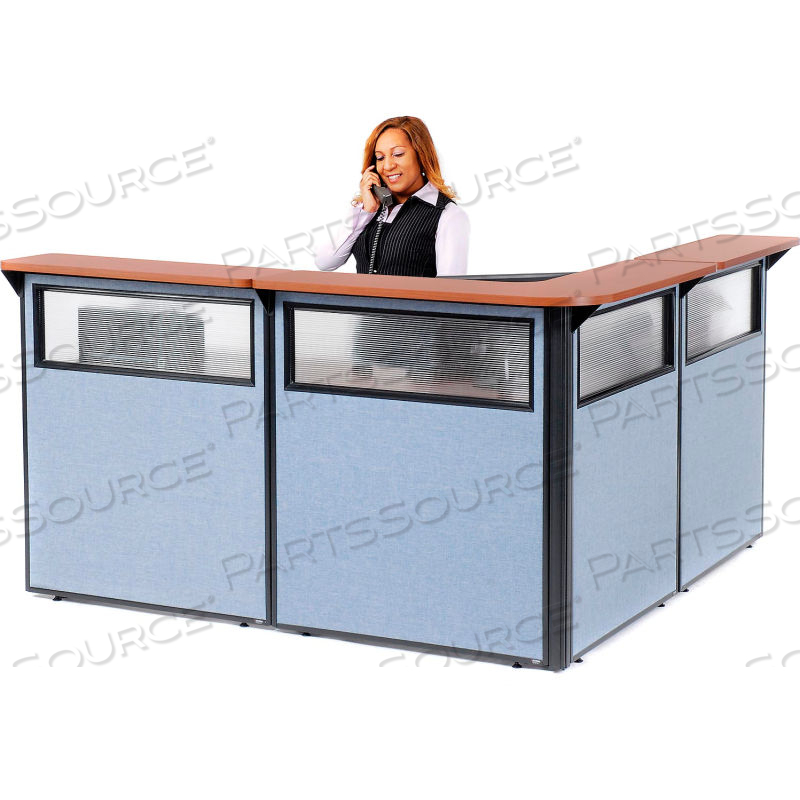 INTERION L-SHAPED RECEPTION STATION W/WINDOW 80"W X 80"D X 44"H CHERRY COUNTER BLUE PANEL by Approved Vendor INTERION L-SHAPED RECEPTION STATION W/WINDOW 80"W X 80"D X 44"H CHERRY COUNTER BLUE PANEL by Approved Vendor