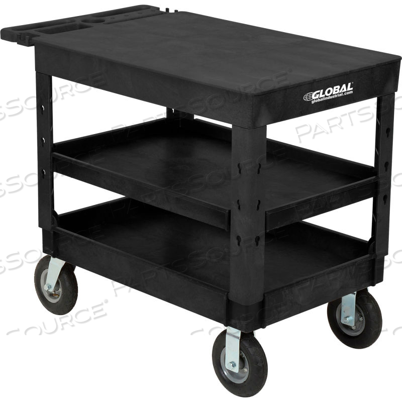FLAT TOP PLASTIC UTILITY CART, 3 SHELF, 44"LX25-1/2"W, 8" CASTERS, BLACK by Approved Vendor