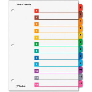 ONESTEP PRINTABLE T.O.C. DIVIDER, PRINTED 1 TO 12, 9"X11", 12 TABS, WHITE/MULTICOLOR by Cardinal
