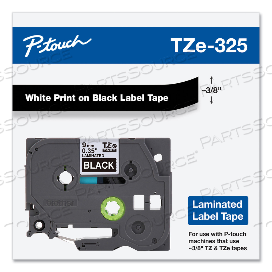 TZE STANDARD ADHESIVE LAMINATED LABELING TAPE, 0.35" X 26.2 FT, WHITE ON BLACK by Brother