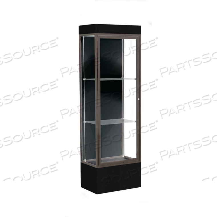 EDGE LIGHTED FLOOR CASE, BLACK BACK, DARK BRONZE FRAME, 12" BLACK BASE, 24"W X 76"H X 20"D 