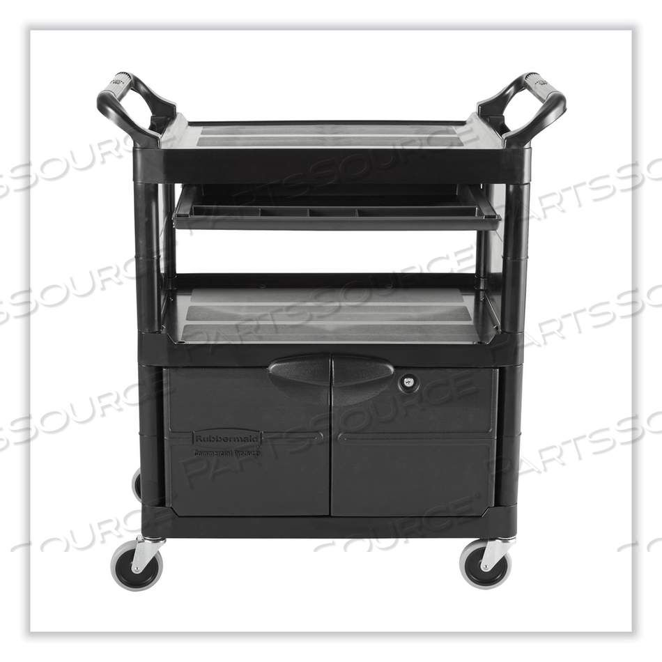 UTILITY CART WITH LOCKING DOORS, PLASTIC, 3 SHELVES, 200 LB CAPACITY, 33.63" X 18.63" X 37.75", BLACK by Rubbermaid Medical Division