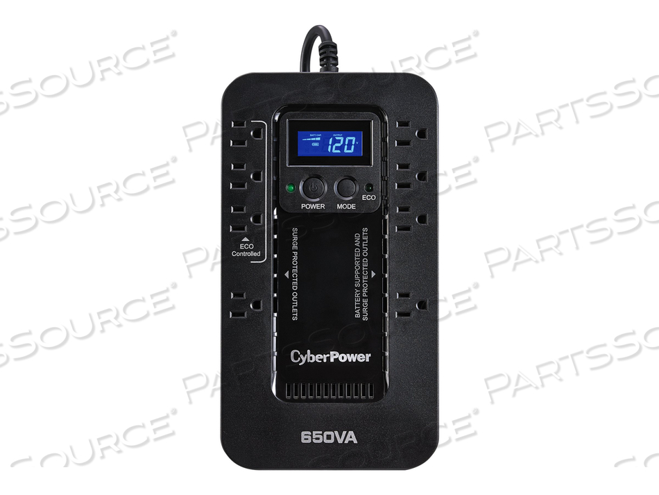 ECOLOGIC SERIES EC650LCD, UPS, AC 120 V, 390 WATT, 650 VA, USB, OUTPUT CONNECTORS: 8 by CyberPower ECOLOGIC SERIES EC650LCD, UPS, AC 120 V, 390 WATT, 650 VA, USB, OUTPUT CONNECTORS: 8 by CyberPower