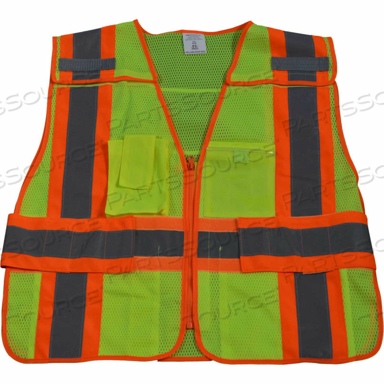 TWO TONE EXPANDABLE 5-POINT BREAKAWAY SAFETY VEST, POLYESTER MESH, LIME/ORANGE, 2XL-5XL 