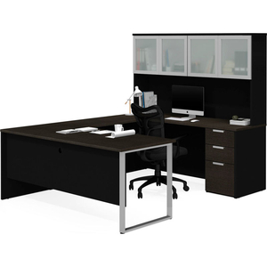 U-DESK WITH FROSTED GLASS DOOR HUTCH - DEEP GRAY AND BLACK - PRO-CONCEPT PLUS SERIES by Bestar Technologies, Inc.