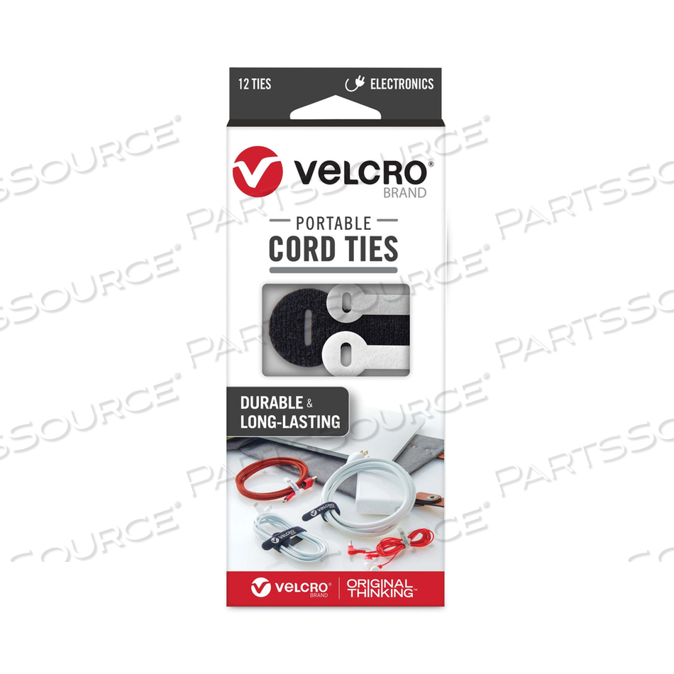 PORTABLE CORD TIES, (4) 3" X 0.25"/ (4) 5" X 0.38"/ (4) 7" X 0.5", BLACK/GRAY/WHITE, 12/PACK 