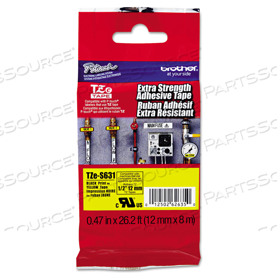 TZE EXTRA-STRENGTH ADHESIVE LAMINATED LABELING TAPE, 0.47" X 26.2 FT, BLACK ON YELLOW by Brother