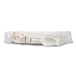 MEDIUMWEIGHT CUTLERY KIT, PLASTIC FORK/SPOON/KNIFE/SALT/PEP/NAPKIN, WHITE, 250/CARTON by Berkley Square