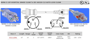 POWER CORD, 10 FT, 15 A, 125 V, 14 AWG, NEMA 5-15P TO IEC 320-C13, HOSPITAL GRADE by Quail Electronics