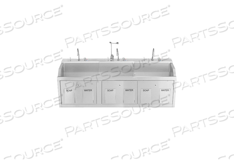 LODI SCRUB SINK (3) PLACE WALL MOUNTED W/KNEE ACTION CONTROL W/SOAP DISPENSER W/INFRARED WATER CONTROL W/ EYEWASH W/ DIGITAL TIMER by Blickman LODI SCRUB SINK (3) PLACE WALL MOUNTED W/KNEE ACTION CONTROL W/SOAP DISPENSER W/INFRARED WATER CONTROL W/ EYEWASH W/ DIGITAL TIMER by Blickman
