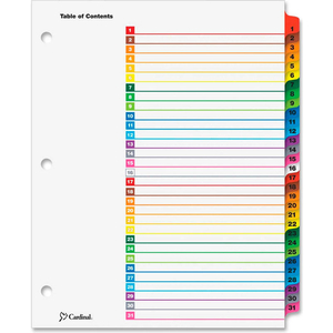 ONESTEP PRINTABLE T.O.C. DIVIDER, PRINTED 1 TO 31, 9"X11", 31 TABS, WHITE/MULTICOLOR by Cardinal