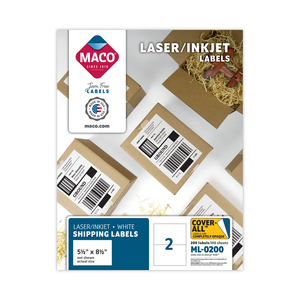 COVER-ALL OPAQUE LASER/INKJET SHIPPING LABELS, INTERNET FORMAT, 5.5 X 8.5, WHITE, 2 LABELS/SHEET, 100 SHEETS/BOX by Maco