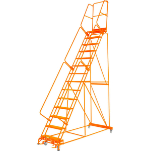 PERFORATED 24"W 15 STEP STEEL ROLLING LADDER 21"D TOP STEP W/HANDRAIL LOCK STEP ORANGE by Ballymore