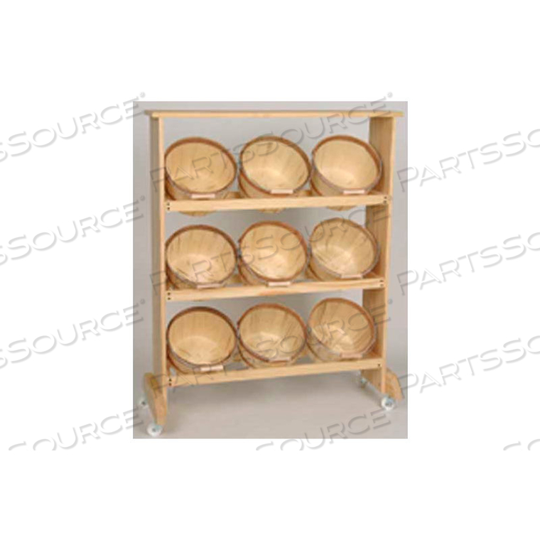 WOOD RACK 42"H X 38-3/4"W X 9-1/4"D WITH (9) 1 PECK BASKETS - NATURAL 