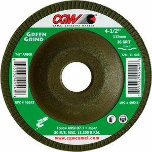 GRINDING WHEEL, 4-1/2" DIA. X 5/32" THICK X 7/8" 36 GRIT, ZIRCONIA/ALUMINUM OXIDE by CGW Abrasives