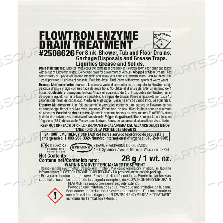 FLOWTRON ENZYME DRAIN TREATMENT - 1 OZ PACKS, 72 PACKS/CASE by Stearns Packaging Corporation FLOWTRON ENZYME DRAIN TREATMENT - 1 OZ PACKS, 72 PACKS/CASE by Stearns Packaging Corporation