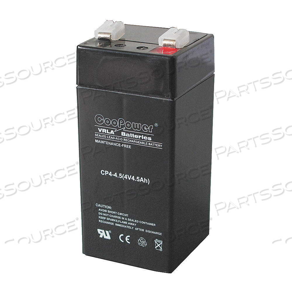 SEALED LEAD ACID BATTERY, 4V DC, 4.5 AH CAPACITY, 4.12 IN HT, 1.85 IN WD, 1.85 IN DP 
