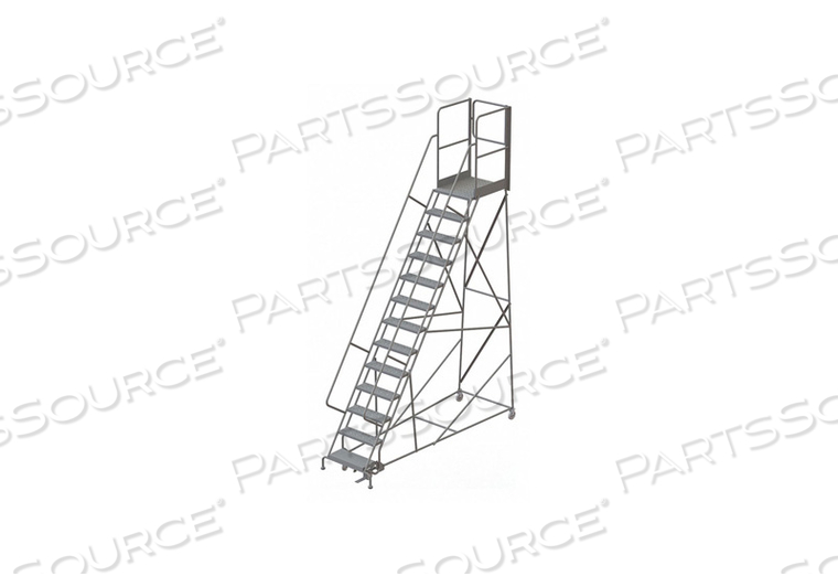 13 STEP STEEL ROLLING LADDER W/REAR EXIT WALK OFF GATE, 24"W X 30"D PLAT. PERFORATED by Tri-Arc