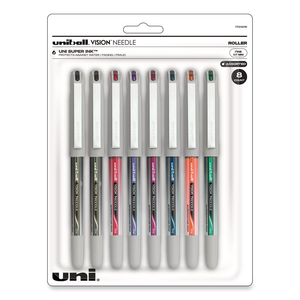 VISION NEEDLE ROLLER BALL PEN, STICK, FINE 0.7 MM, ASSORTED INK COLORS, SILVER BARREL, 8/PACK by Uni-Ball