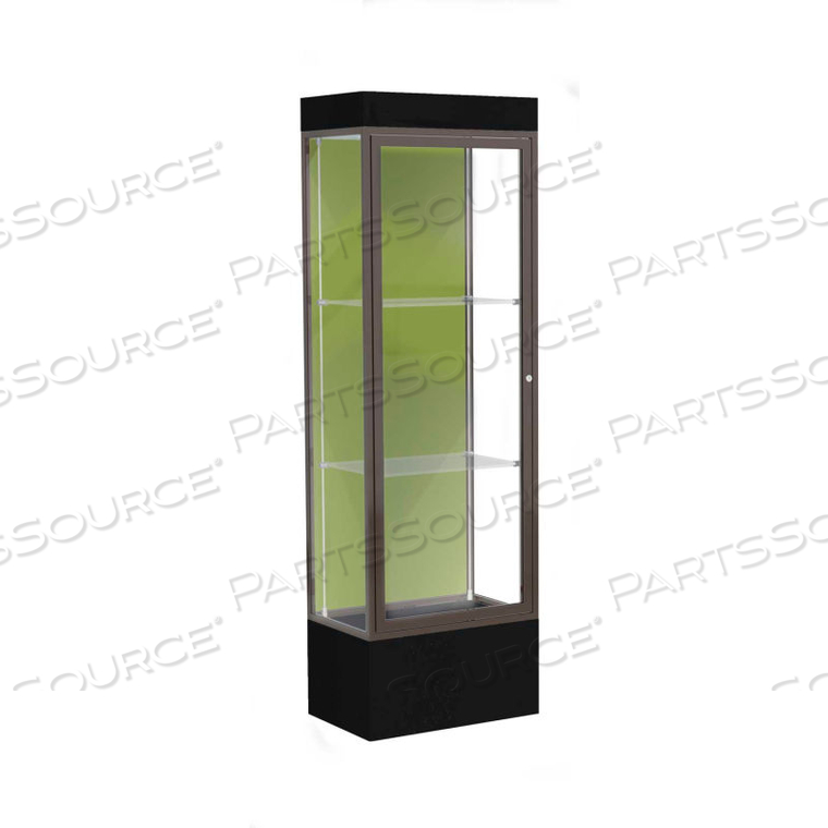 EDGE LIGHTED FLOOR CASE, PALE GREEN BACK, DARK BRONZE FRAME, 12" BLACK BASE, 24"W X 76"H X 20"D 