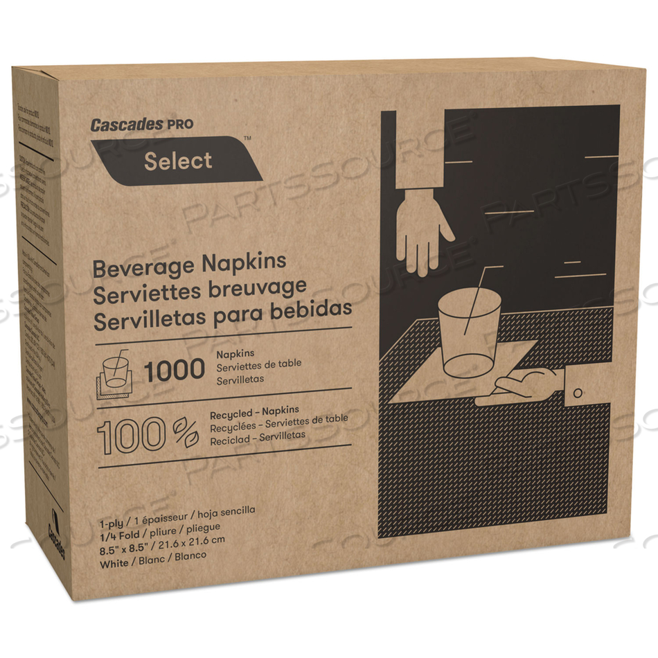 SELECT BEVERAGE NAPKINS, 1 PLY, 8.5 X 8.5, WHITE, 1,000/PACK, 4 PACKS/CARTON 