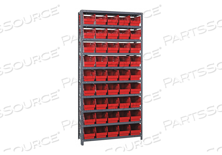 1275-202 STEEL SHELVING WITH 45 6"H SHELF BINS RED, 36X12X75-10 SHELVES by Quantum Storage Systems 1275-202 STEEL SHELVING WITH 45 6"H SHELF BINS RED, 36X12X75-10 SHELVES by Quantum Storage Systems