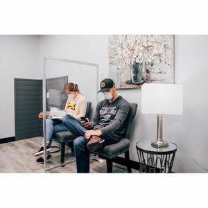 FLOOR SUPPORTED PORTABLE PERSONAL SAFETY PARTITION 3'W X 5'H - CLEAR by Goff's Enterprises Inc. FLOOR SUPPORTED PORTABLE PERSONAL SAFETY PARTITION 3'W X 5'H - CLEAR by Goff's Enterprises Inc.