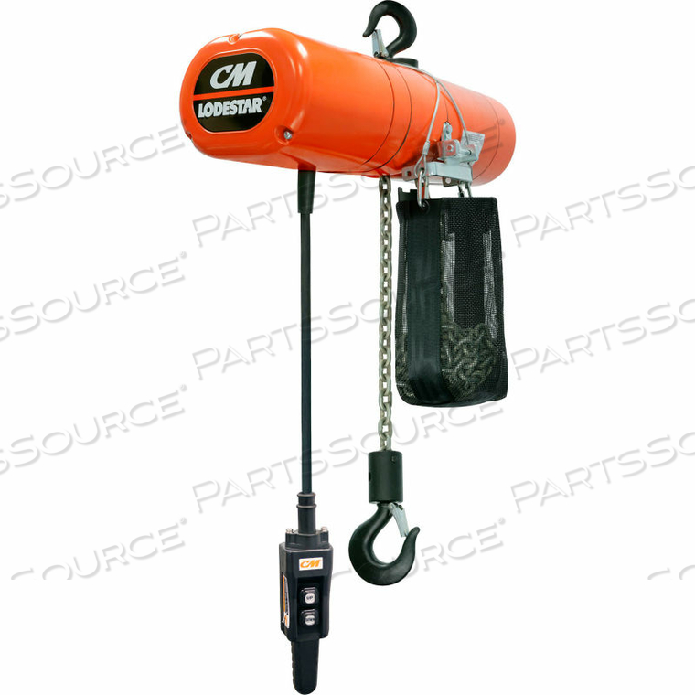 LODESTAR 3 TON, ELECTRIC CHAIN HOIST W/ CHAIN CONTAINER, 15' LIFT, 16 FPM, 115V 