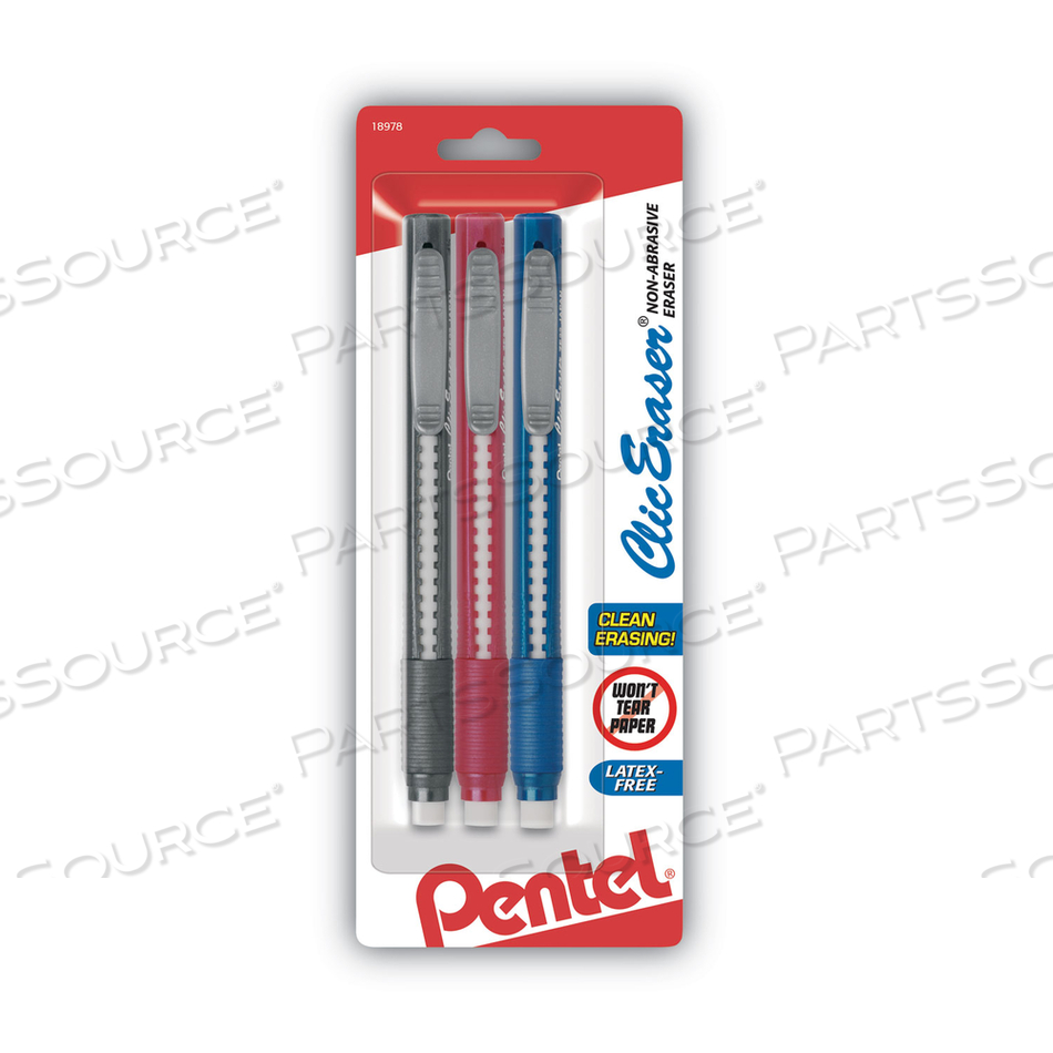 CLIC ERASER GRIP ERASER, FOR PENCIL MARKS, WHITE ERASER, RANDOMLY ASSORTED BARREL COLOR by Pentel of America CLIC ERASER GRIP ERASER, FOR PENCIL MARKS, WHITE ERASER, RANDOMLY ASSORTED BARREL COLOR by Pentel of America