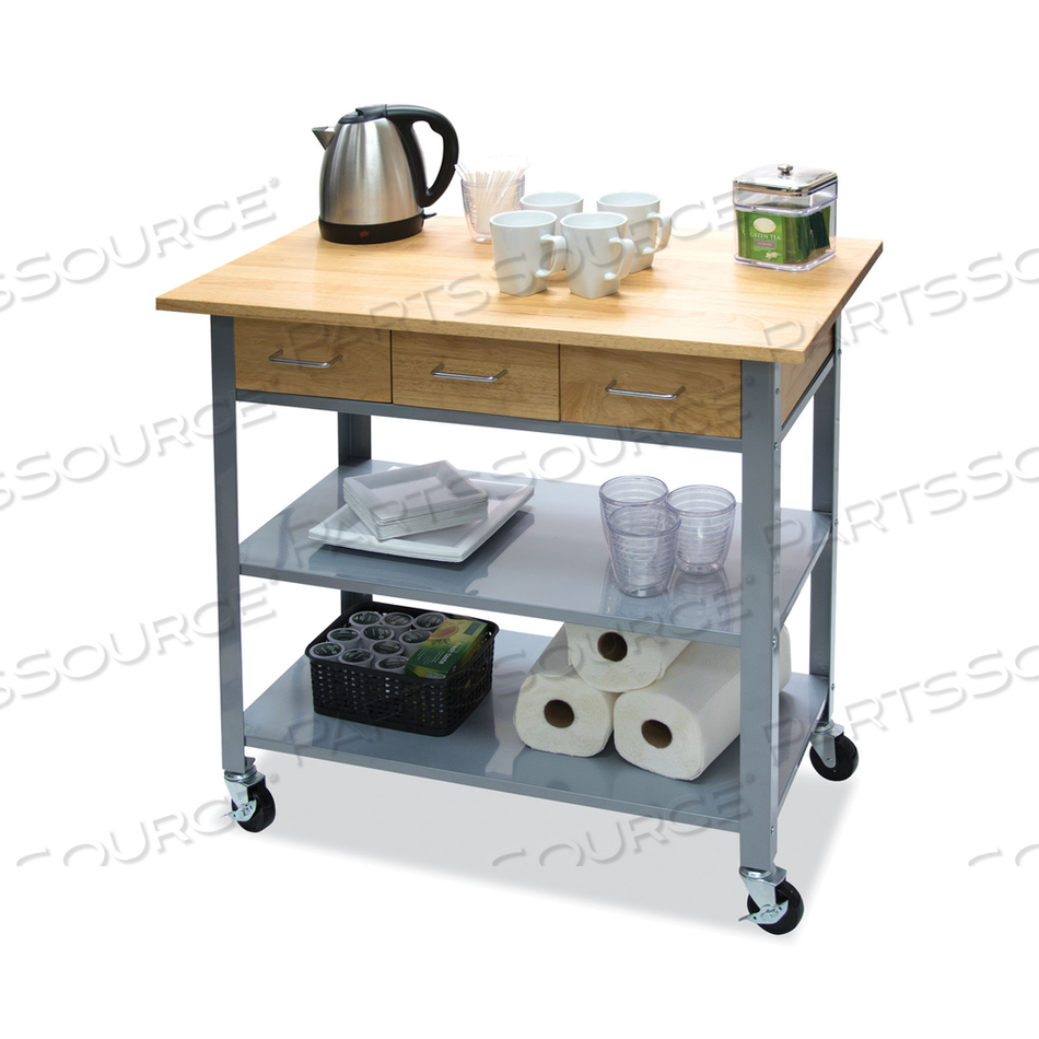 COUNTERTOP SERVING CART, WOOD, 3 SHELVES, 3 DRAWERS, 35.5" X 19.75" X 34.25", OAK/GRAY by Vertiflex COUNTERTOP SERVING CART, WOOD, 3 SHELVES, 3 DRAWERS, 35.5" X 19.75" X 34.25", OAK/GRAY by Vertiflex