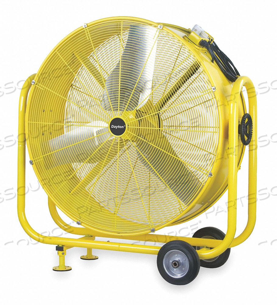 HIGH-VISIBILITY INDUSTRIAL FAN, BLADE DIA. 36 IN, MOBILE, NON-OSCILLATING, 2 SPEEDS, VOLTAGE 120V AC, 1 PHASE, CFM HIGH 12,250, CFM LOW 8350 by DAYTON ELECTRIC MANUFACTURING CO HIGH-VISIBILITY INDUSTRIAL FAN, BLADE DIA. 36 IN, MOBILE, NON-OSCILLATING, 2 SPEEDS, VOLTAGE 120V AC, 1 PHASE, CFM HIGH 12,250, CFM LOW 8350 by DAYTON ELECTRIC MANUFACTURING CO