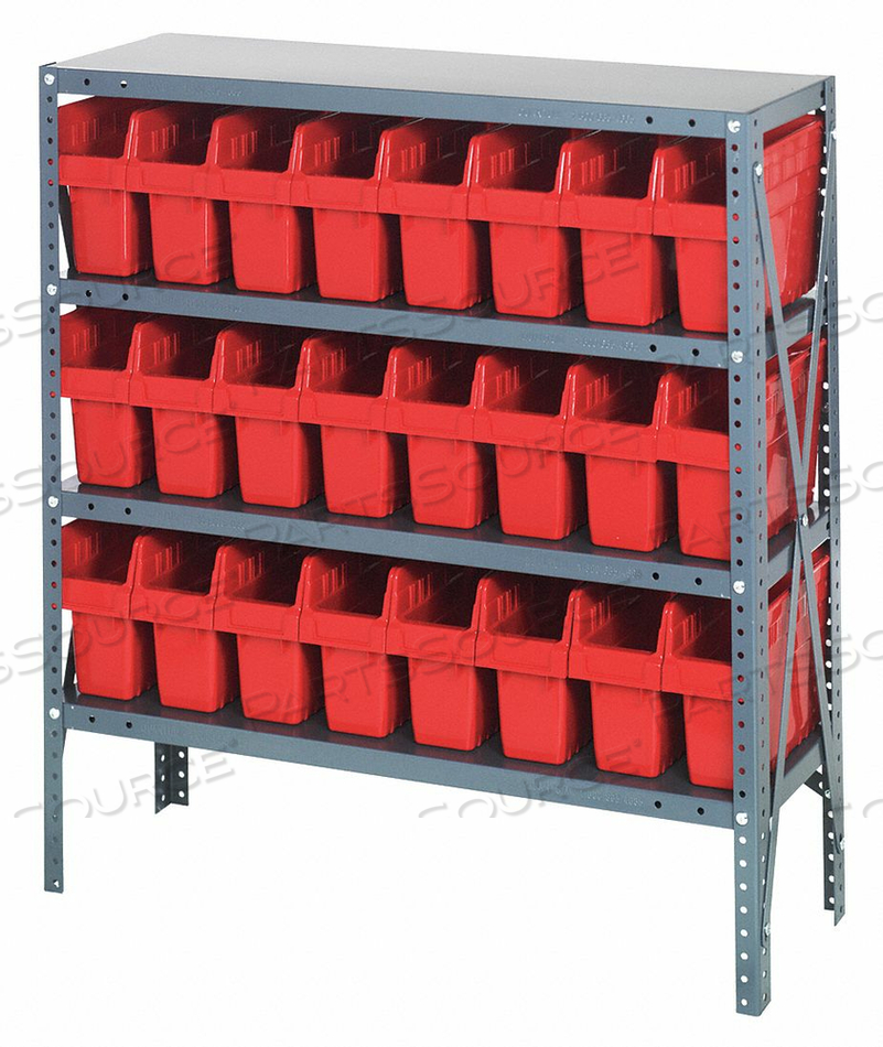 1239-SB801 STEEL SHELVING WITH 24 8"H PLASTIC SHELF BINS RED, 36X12X39-SB4 SHELVES by Quantum Storage Systems 1239-SB801 STEEL SHELVING WITH 24 8"H PLASTIC SHELF BINS RED, 36X12X39-SB4 SHELVES by Quantum Storage Systems