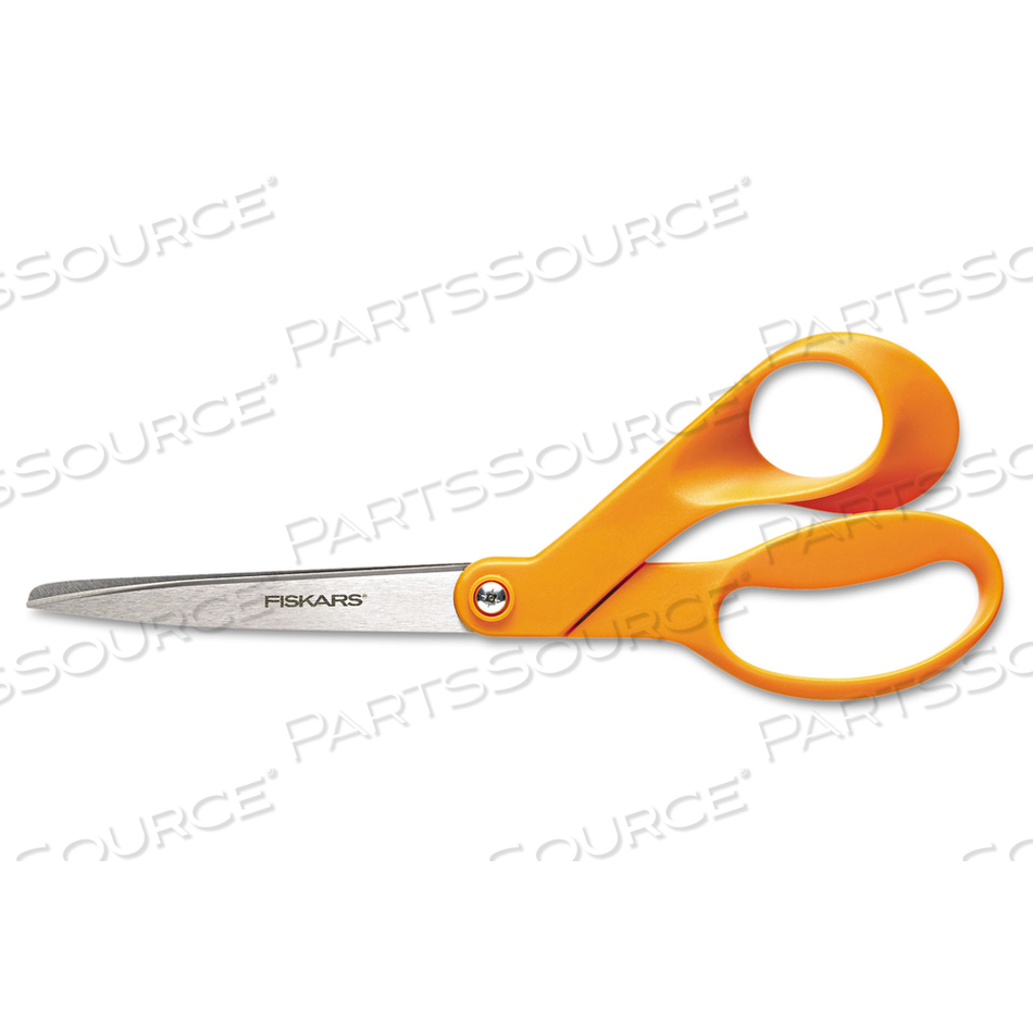 HOME AND OFFICE SCISSORS, 8" LONG, 3.5" CUT LENGTH, ORANGE OFFSET HANDLE 