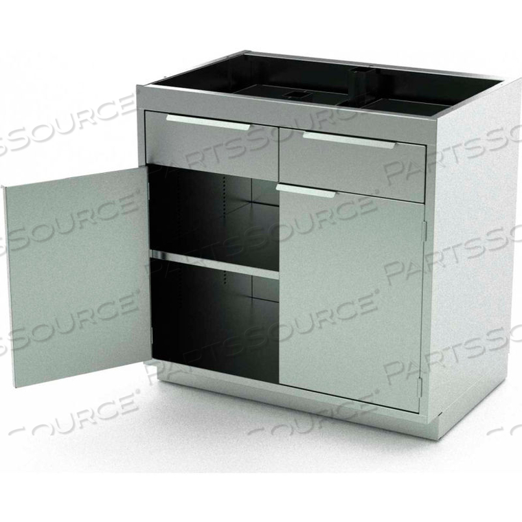 STAINLESS STEEL BASE CABINET, 2 HINGED DOORS, 1 SHELF, 4 DRAWERS, 30"W X 21"D X 36"H 