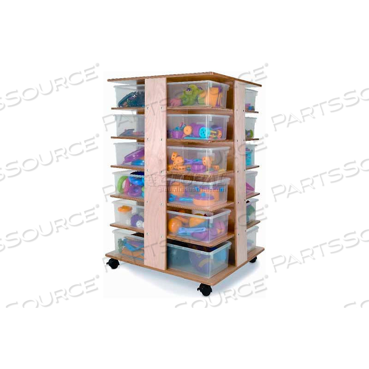 PRESCHOOL MOBILE CUBBY TOWER WITH 24 CLEAR TRAYS, 28-1/2"W X 24"D X 41"H, NATURAL 