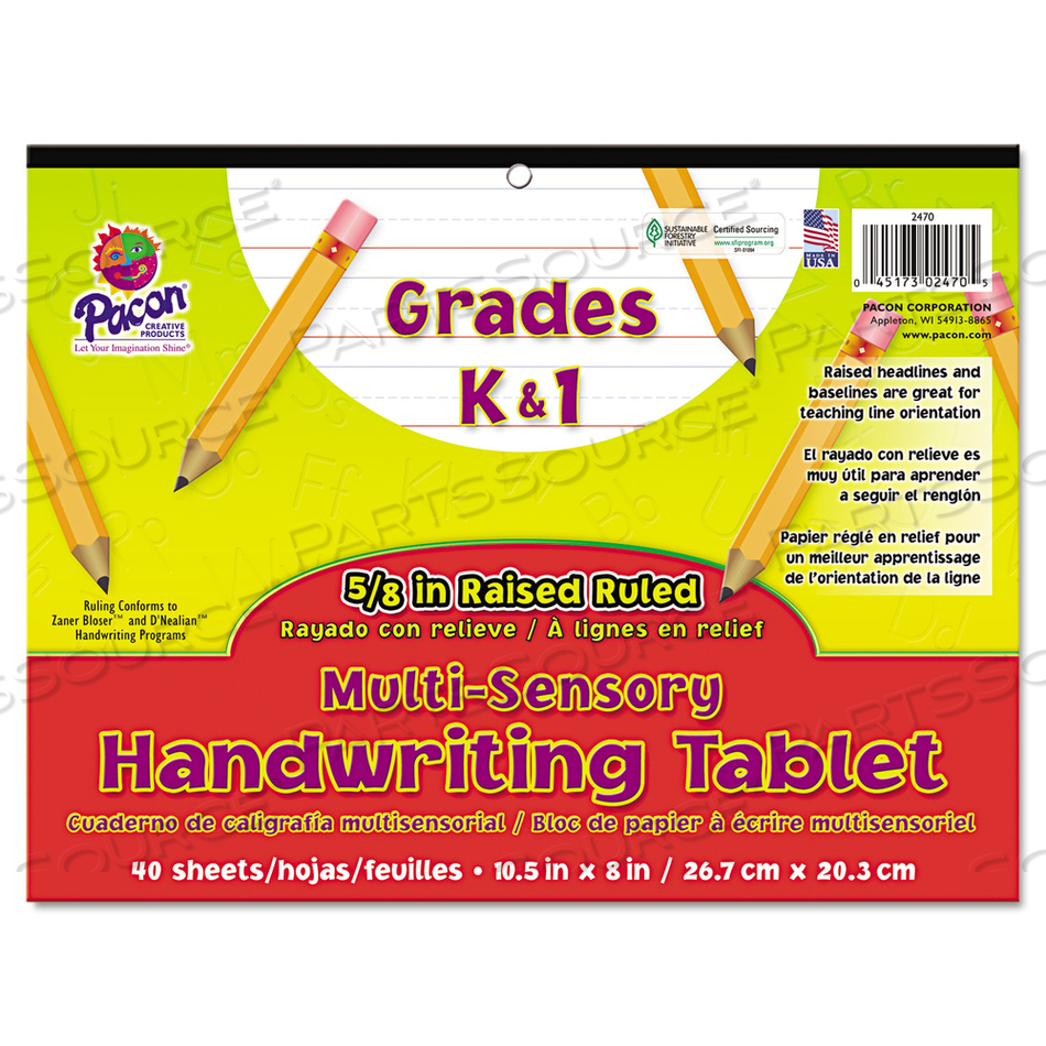 MULTI-SENSORY HANDWRITING PAPER, 10-1/2"X 8", 5/8" RULING, 40 SHEETS/PAD by Pacon