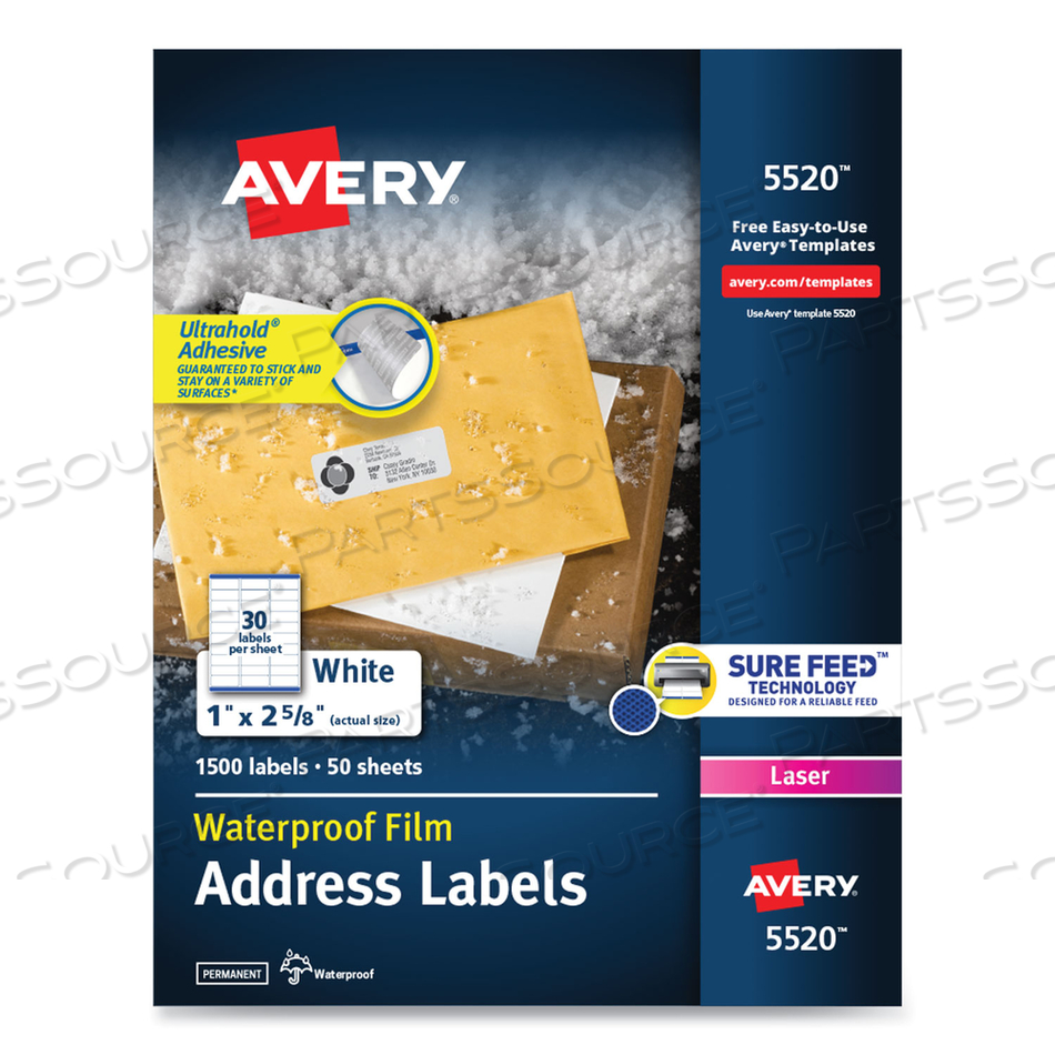 WATERPROOF ADDRESS LABELS WITH TRUEBLOCK AND SURE FEED, LASER PRINTERS, 1 X 2.63, WHITE, 30/SHEET by Avery WATERPROOF ADDRESS LABELS WITH TRUEBLOCK AND SURE FEED, LASER PRINTERS, 1 X 2.63, WHITE, 30/SHEET by Avery