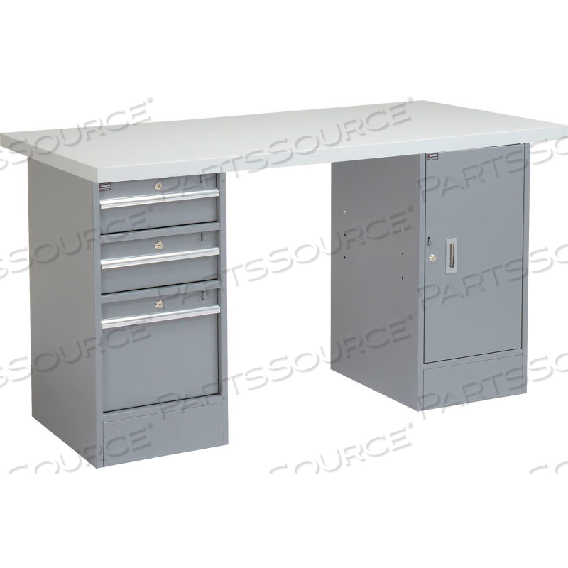 72 X 24 PEDESTAL WORKBENCH 3 DRAWERS & 1 CABINET, LAMINATE SQUARE EDGE GRAY 